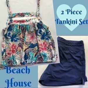 Beach House Blouson Tankini Top with Ocean & 24th Navy Swim Shorts